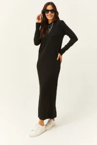 Olalook Women's Black Crew Neck Long Knitwear Dress - Image 5