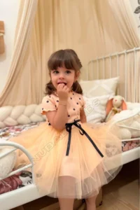 penu baby kids Salmon Polka Dot Detailed Short Sleeve Baby Girl Dress - Image 4
