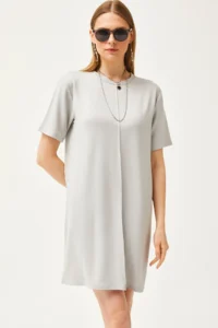 Olalook Women's Gray Front Stitched Soft Textured Mini Dress - Image 2