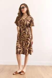 Olalook Women's Camel Brown V-Neck Belted Woven Mini Shirt Dress Elb- - Image 2