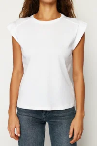 TRENDYOLMİLLA White Rib Detailed Moon Arm Basic Knitting T-Shirt - Image 5
