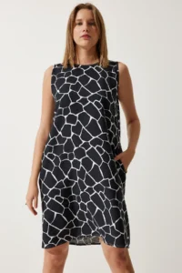 Happiness İstanbul Women Black Ecru Patterned Summer Bell Dress - Image 2