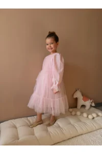 penu baby kids Pink Skirt Tulle Ruffle Belted Sleeve End Tulle Detailed Long Sleeve Baby Girl Dress