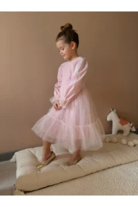 penu baby kids Pink Skirt Tulle Ruffle Belted Sleeve End Tulle Detailed Long Sleeve Baby Girl Dress - Image 2