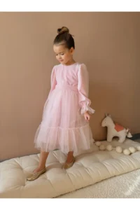 penu baby kids Pink Skirt Tulle Ruffle Belted Sleeve End Tulle Detailed Long Sleeve Baby Girl Dress - Image 3