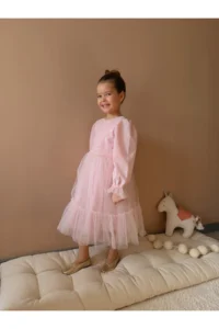 penu baby kids Pink Skirt Tulle Ruffle Belted Sleeve End Tulle Detailed Long Sleeve Baby Girl Dress - Image 4