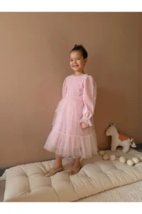 penu baby kids Pink Skirt Tulle Ruffle Belted Sleeve End Tulle Detailed Long Sleeve Baby Girl Dress - Image 5