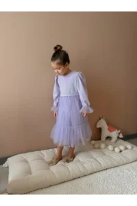 penu baby kids Lilac Skirt Tulle Ruffle Belted Sleeve End Tulle Detailed Long Sleeve Baby Girl Dress - Image 2