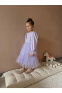 penu baby kids Lilac Skirt Tulle Ruffle Belted Sleeve End Tulle Detailed Long Sleeve Baby Girl Dress - Image 3