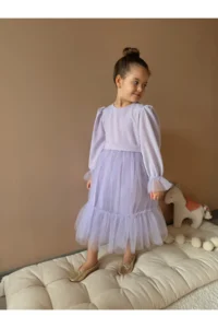 penu baby kids Lilac Skirt Tulle Ruffle Belted Sleeve End Tulle Detailed Long Sleeve Baby Girl Dress - Image 4