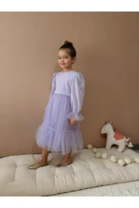 penu baby kids Lilac Skirt Tulle Ruffle Belted Sleeve End Tulle Detailed Long Sleeve Baby Girl Dress - Image 5