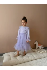 penu baby kids Lilac Skirt Tulle Ruffle Belted Sleeve End Tulle Detailed Long Sleeve Baby Girl Dress - Image 6