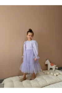 penu baby kids Lilac Skirt Tulle Ruffle Belted Sleeve End Tulle Detailed Long Sleeve Baby Girl Dress - Image 7