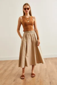 Olalook Women's Stone Pocket Elastic Waist Midi Woven Bell Skirt - Image 6