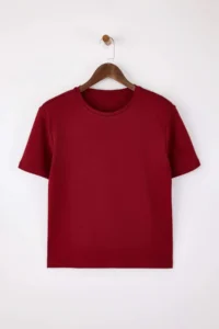 TRENDYOLMİLLA Wardrobe Essentials-Burgundy Regular/Normal Pattern padded Knitting T-Shirt - Image 6