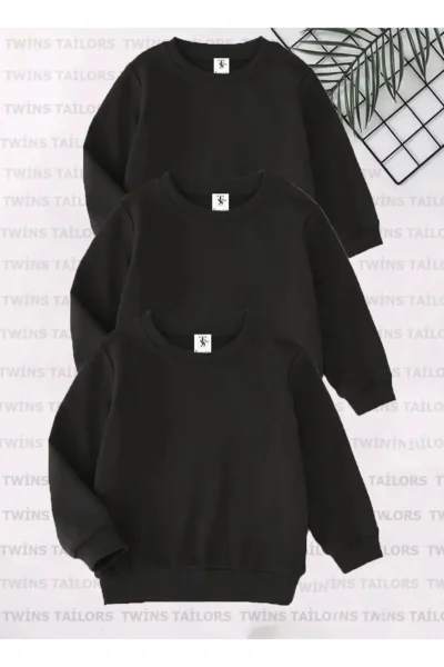 twins tailors Unprinted Fleece Inside 3 Pack Unisex Black Crew Neck Children's School Sweatshirt