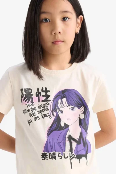 DeFacto Crew Neck Anime Printed Short Sleeve T-Shirt Girls