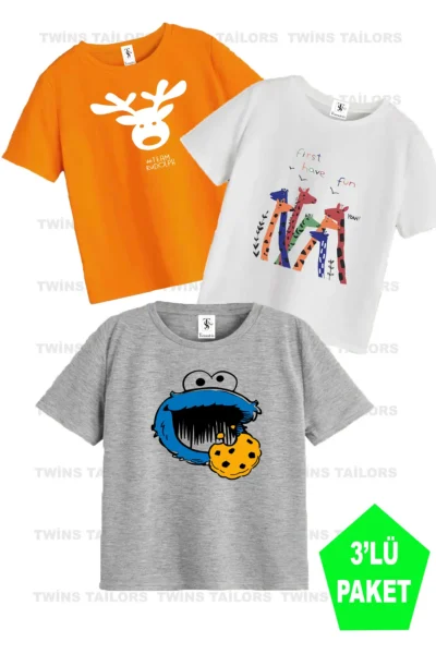 twins tailors Giraffe Printed 3 Pack Unisex White-Grey-Orange Kids T-Shirt/T-Shirt