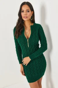 Olalook Emerald Green Zippered Braided Knitwear Dress - Image 5