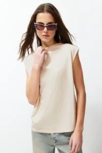 TRENDYOLMİLLA Stone Boat Neck Zero Sleeve Shirred Knitting T-Shirt - Image 2