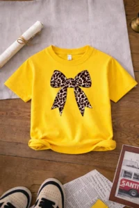 twins tailors Girl and Leopard Patterned Ribbon Printed Pack of 3 Black-White-Yellow Girls' T-Shirts - Image 3