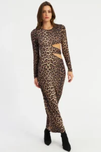 Cool & Sexy Women's Camel-Black Low-cut Leopard Maxi New Year Dress - Image 2