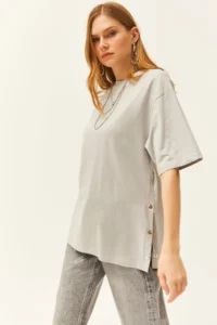 Olalook Women's Dolphin Gray Buttoned Side Cotton T-Shirt