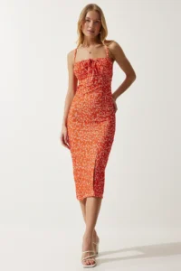 Happiness İstanbul Women's Vivid Orange Floral Slit Summer Knitted Dress CI00029 - Image 2