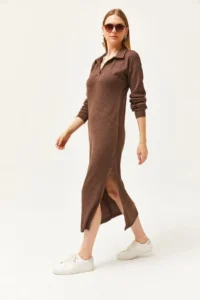 Olalook Women's Bitter Brown Polo Neck Slit and Raised Midi Dress - Image 5