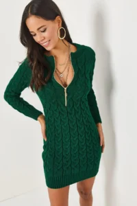 Olalook Emerald Green Zippered Braided Knitwear Dress