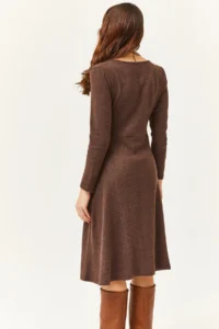 Olalook Women's Bitter Brown Button Detailed Double Breasted Midi A-Line Dress - Image 4
