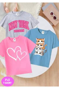 twins tailors Heart Printed 3-Pack Pink-grey-blue Girls' T-shirt