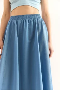 Olalook Women's Indigo Pocketed Elastic Waist Midi Woven Bell Skirt - Image 7