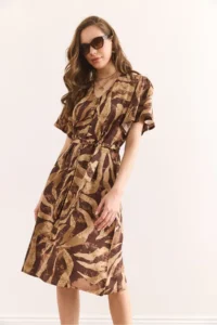 Olalook Women's Camel Brown V-Neck Belted Woven Mini Shirt Dress Elb- - Image 3