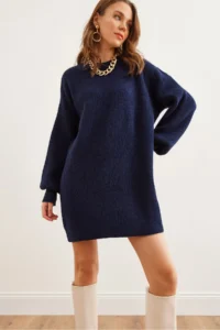 Olalook Navy Blue Crew Neck Balloon Sleeve Soft Textured Knitwear Tunic Dress