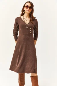 Olalook Women's Bitter Brown Button Detailed Double Breasted Midi A-Line Dress - Image 2