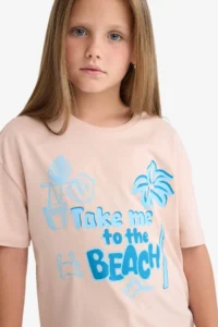 DeFacto Relax Fit Palm Tree Printed Crew Neck Short Sleeve T-Shirt for Girls