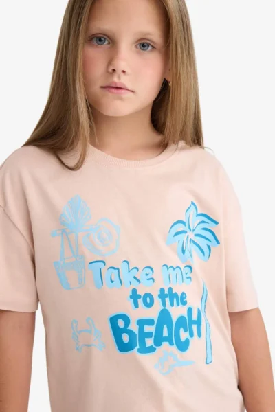 DeFacto Relax Fit Palm Tree Printed Crew Neck Short Sleeve T-Shirt for Girls
