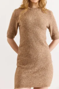 Olalook Women's Camel Crew Neck Short Sleeve Mini Knitwear Dress - Image 4