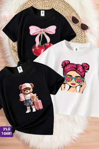 twins tailors Teddy and Kurdale Printed 3-Pack Black-White-Black Girls' T-Shirts