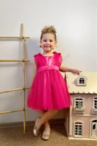 penu baby kids Fuchsia Satin Top, Big Bow on the Back, Small Bow Detail on the Shoulder, Tulle Baby Girl Dress - Image 2
