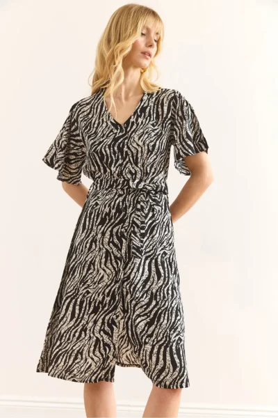 Olalook Women's Zebra Black V-Neck Belted Woven Mini Shirt Dress