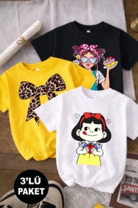 twins tailors Girl and Leopard Patterned Ribbon Printed Pack of 3 Black-White-Yellow Girls' T-Shirts