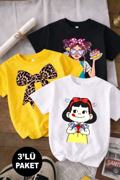 twins tailors Girl and Leopard Patterned Ribbon Printed Pack of 3 Black-White-Yellow Girls' T-Shirts