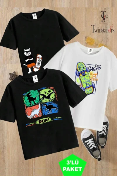 twins tailors Children's Dinosaur Printed Black-White-Black 3-Piece Children's T-shirt Pack