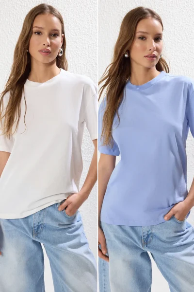 TRENDYOLMİLLA Ecru-Blue 2 Sets Package 100% Cotton Basic Dog collar Knitting T-Shirt