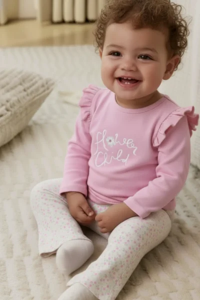 Minipodyum Baby Girl Top and Bottom Set with Frilled Shoulder Bandana and Floral Printed Tights