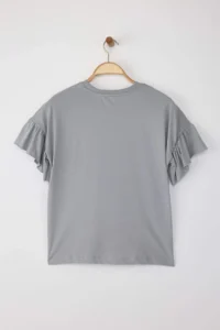 TRENDYOLMİLLA Gray 100% Cotton Ruffle Detailed Basic Crew Neck Knitting T-Shirt - Image 11