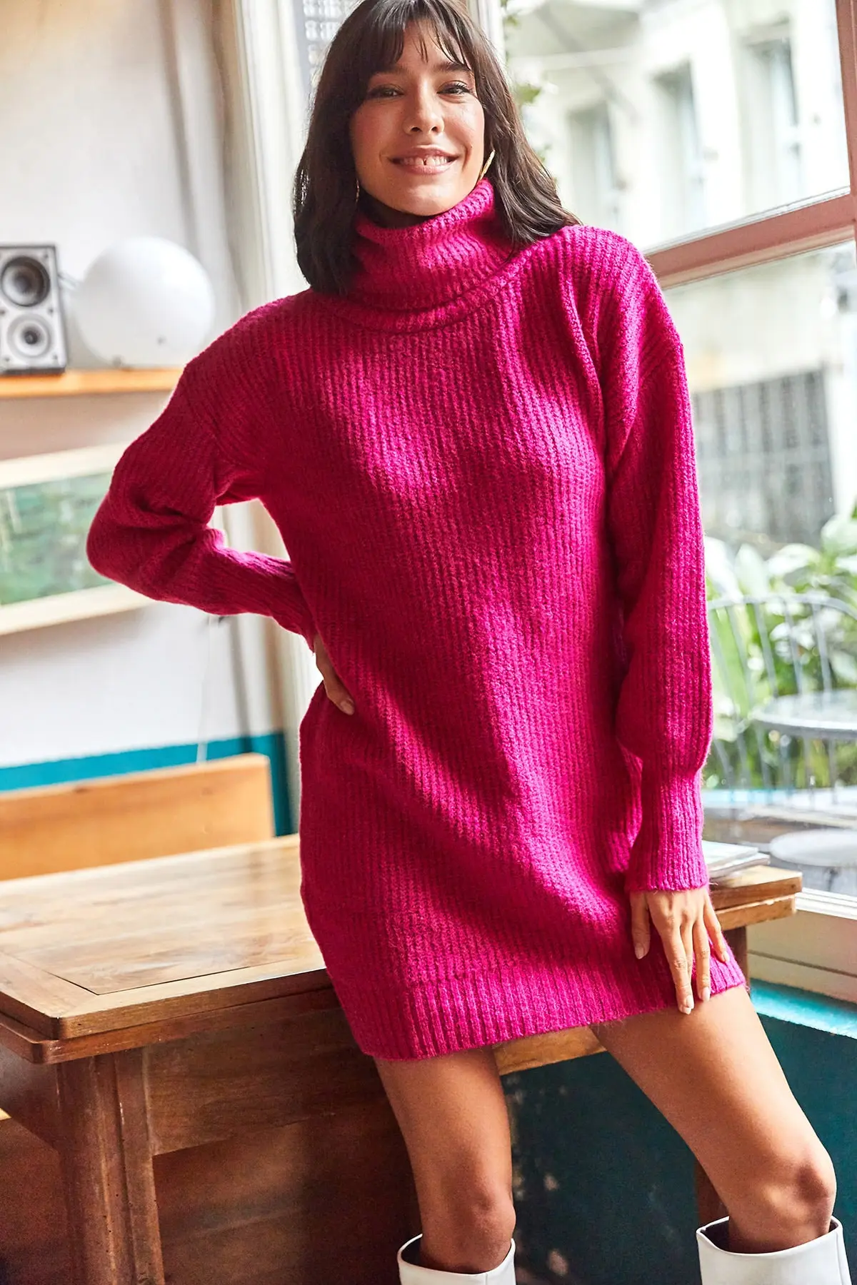 Olalook Women's Fuchsia Turtleneck Soft Textured Knitwear Tunic Dress
