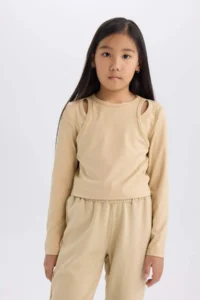 DeFacto Slim Fit Narrow Cut Crew Neck Ribbed Camisole Long Sleeve T-Shirt Girl Child - Image 4